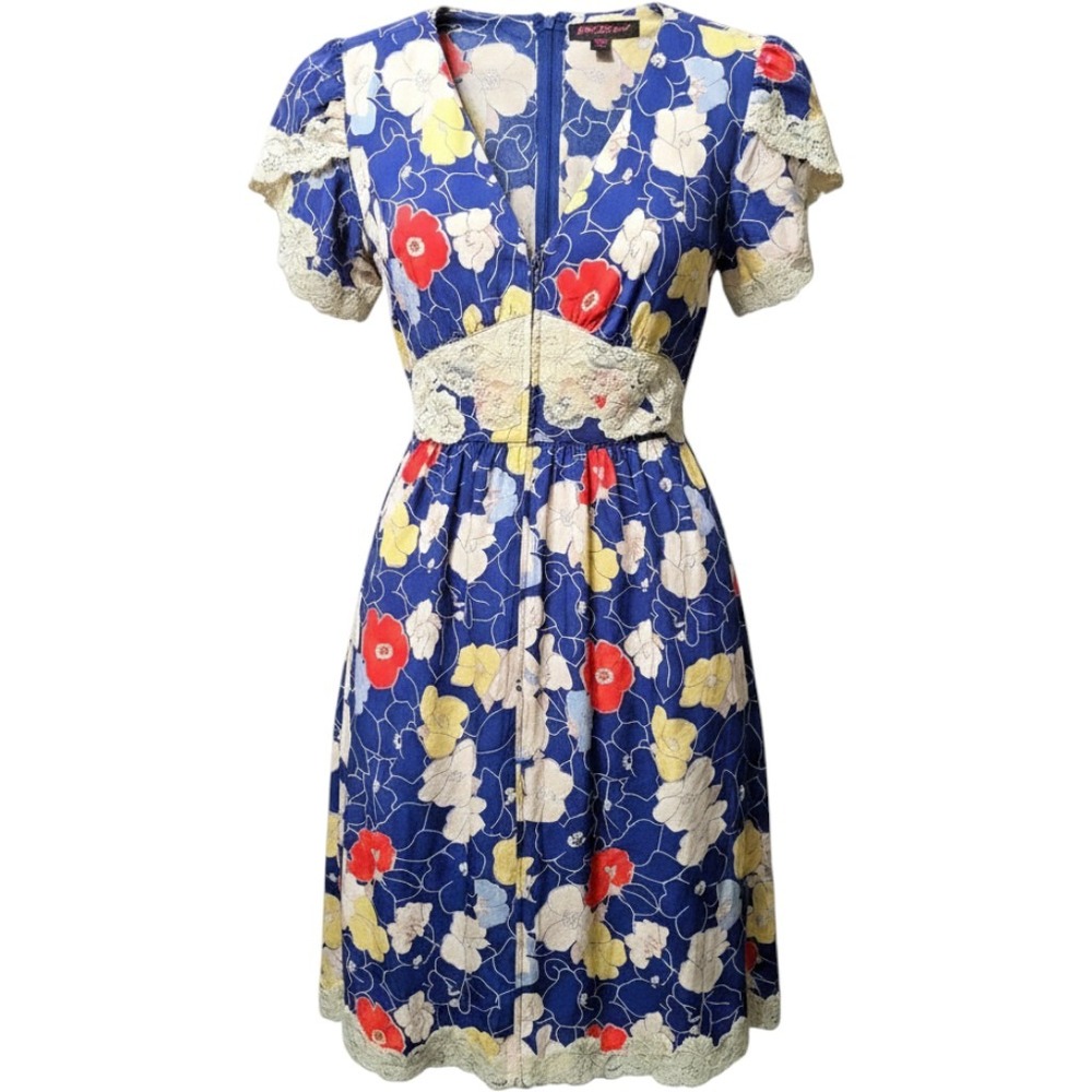 $150 Betsey Johnson Silk Floral Dress Lace Trim Belt Midi Fit‎ Flare Party Retro